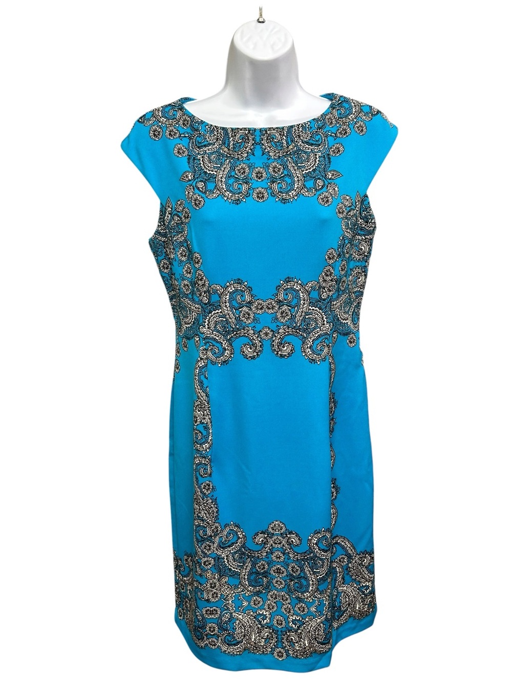 Maggy London Blue Black White Scroll Lined Stretchy Zip Side Dress Size 8